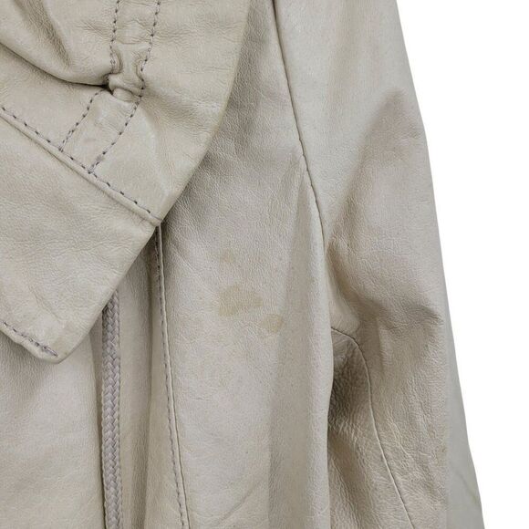90s Vintage Ruffle Collar Buttery Leather Jacket Coat XS Cream Boho Feminine - Picture 14 of 16